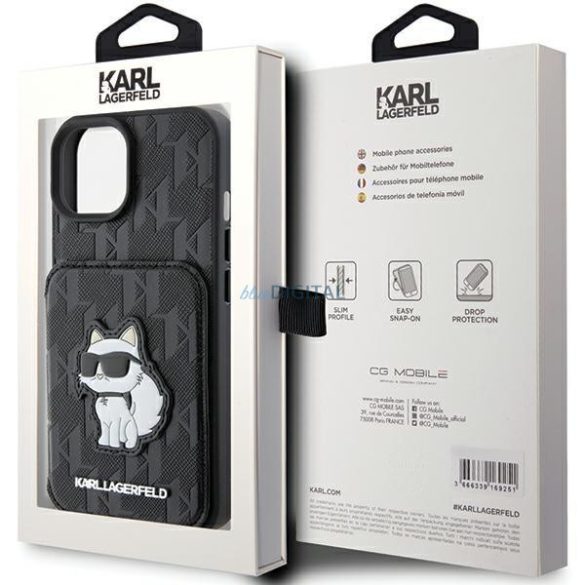 Karl Lagerfeld KLHCP15SSAKCNSCK iPhone 15 6.1" fekete keménytok Saffiano kártyatartóvalek és állvány Monogram Choupette