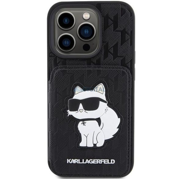 Karl Lagerfeld KLHCP15LSAKCNSCK iPhone 15 Pro 6.1" fekete keménytok Saffiano kártyatartóval és állvány Monogram Choupette