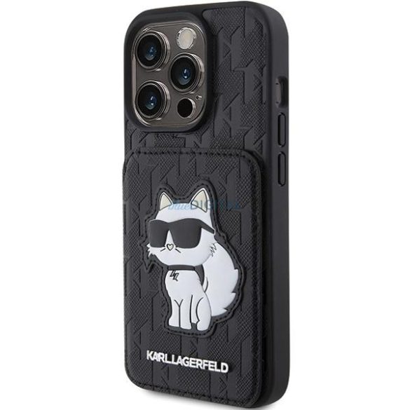 Karl Lagerfeld KLHCP15XSAKCNSCK iPhone 15 Pro Max 6.7" fekete keménytok Saffiano kártyatartóval és állvány Monogram Choupette