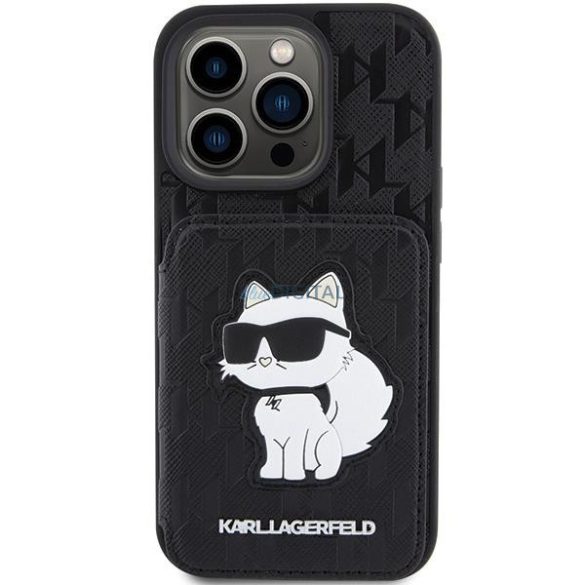 Karl Lagerfeld KLHCP15XSAKCNSCK iPhone 15 Pro Max 6.7" fekete keménytok Saffiano kártyatartóval és állvány Monogram Choupette