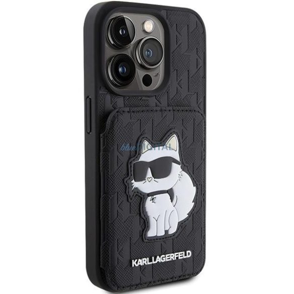 Karl Lagerfeld KLHCP15XSAKCNSCK iPhone 15 Pro Max 6.7" fekete keménytok Saffiano kártyatartóval és állvány Monogram Choupette