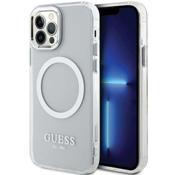 Guess GUHMP12MHTRMS iPhone 12/12 Pro 6.1" ezüst keménytok  fém kontúrú Magsafe tok