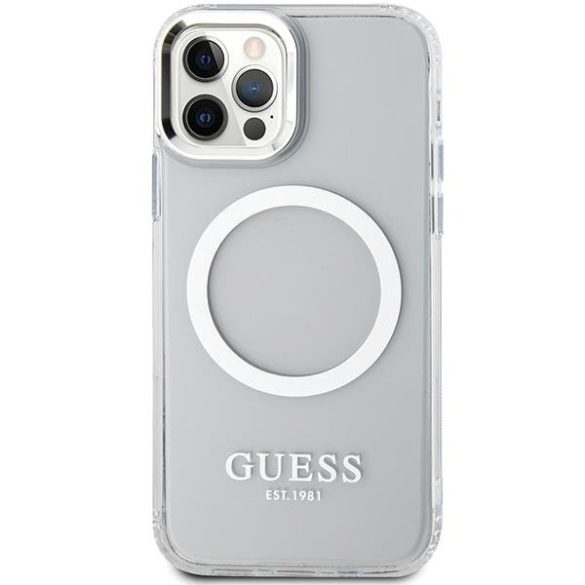 Guess GUHMP12MHTRMS iPhone 12/12 Pro 6.1" ezüst keménytok  fém kontúrú Magsafe tok