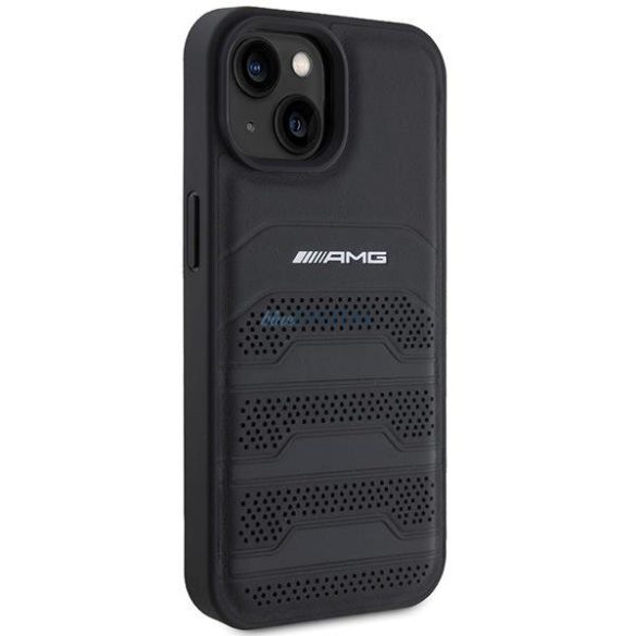 AMG AMHCP15SGSEBK iPhone 15 6.1" fekete keménytok bőr dombornyomott vonalakkal