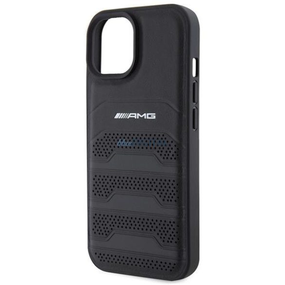 AMG AMHCP15MGSEBK iPhone 15 Plus 6.7" fekete keménytok bőr dombornyomott vonalakkal