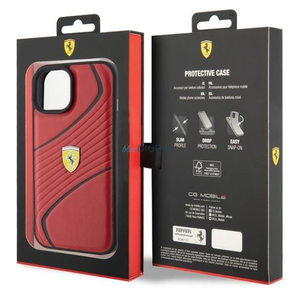 Ferrari Twist fém logós tok iPhone 15 készülékhez - piros