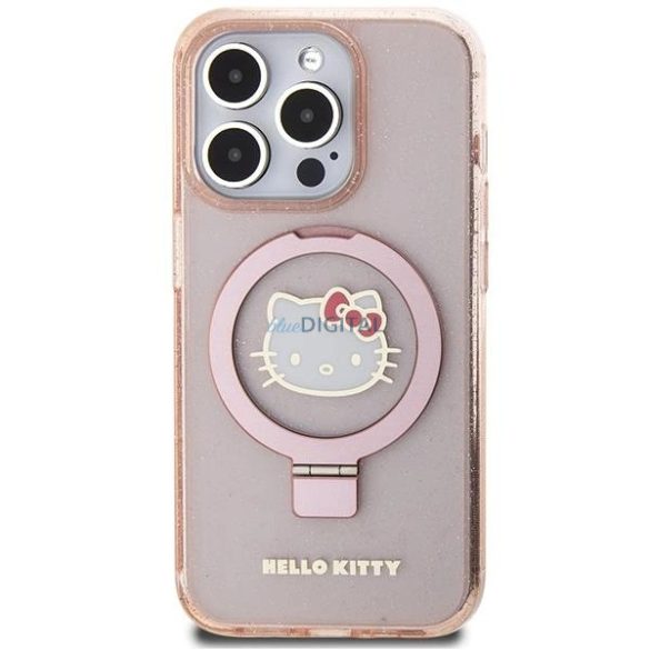 Hello Kitty Ring Stand Glitter Electrop Logo MagSafe tok iPhone 15 Pro - Rózsaszín