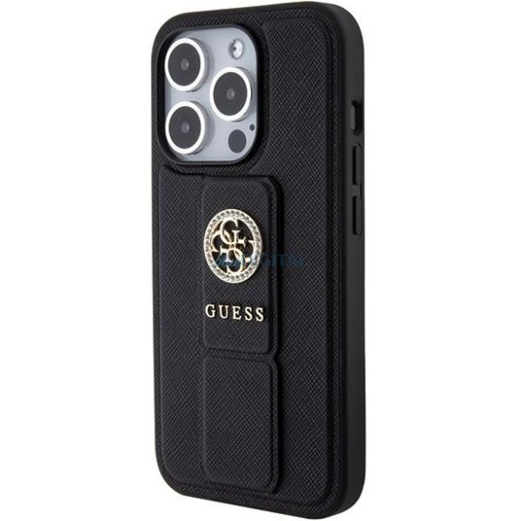 Guess Grip Stand 4G Triangle Strass tok iPhone 15 Pro - fekete