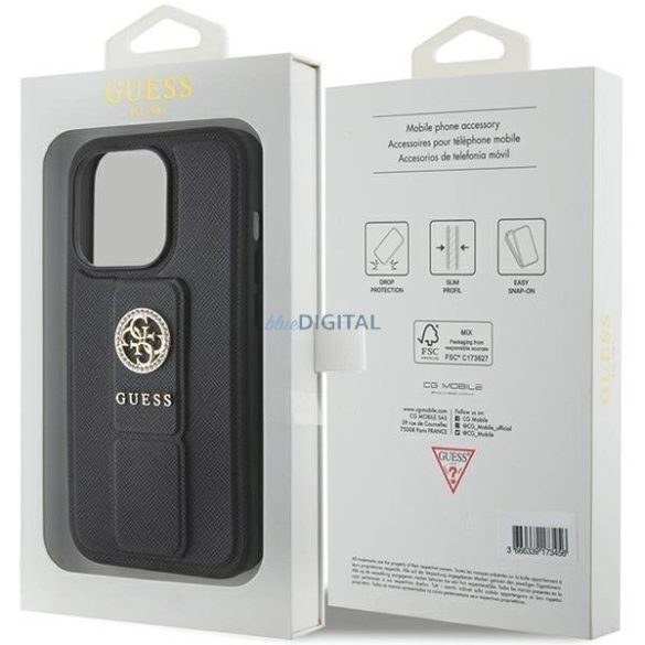 Guess Grip Stand 4G Triangle Strass tok iPhone 15 Pro - fekete