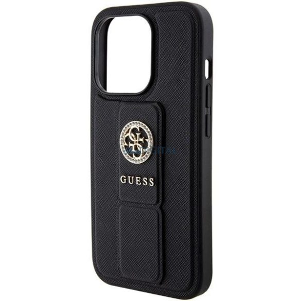Guess Grip Stand 4G Saffiano Strass tok iPhone 15 Pro Max - fekete