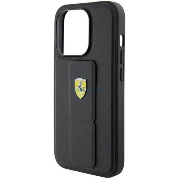 Ferrari Grip Stand fém logós tok iPhone 15 Pro - fekete