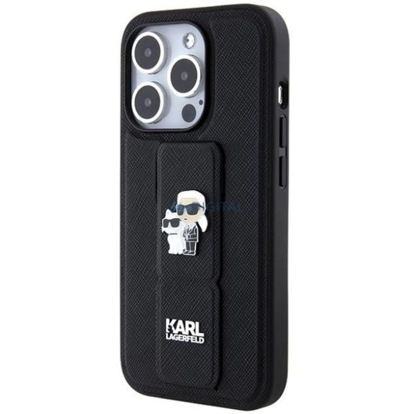 Karl Lagerfeld Gripstand Saffiano Karl&Choupette Pins tok iPhone 13 Pro / 13 - fekete