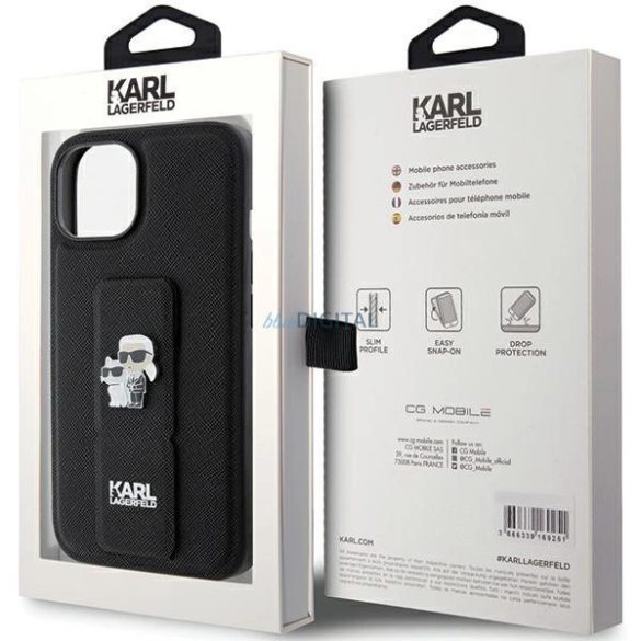 Karl Lagerfeld Gripstand Saffiano Karl&Choupette Pins tok iPhone 15 Plus / 14 Plus - fekete