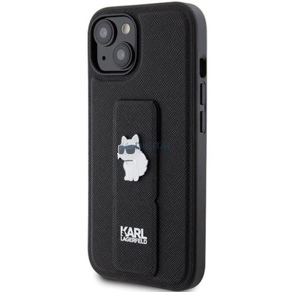 Karl Lagerfeld Gripstand Saffiano Choupette Pins tok iPhone 15 Plus / 14 Plus - fekete