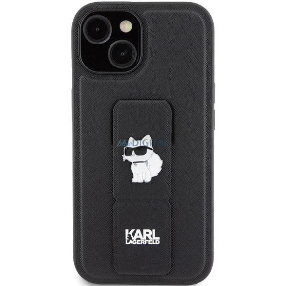 Karl Lagerfeld Gripstand Saffiano Choupette Pins tok iPhone 15 Plus / 14 Plus - fekete