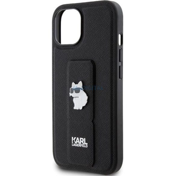 Karl Lagerfeld Gripstand Saffiano Choupette Pins tok iPhone 15 Plus / 14 Plus - fekete