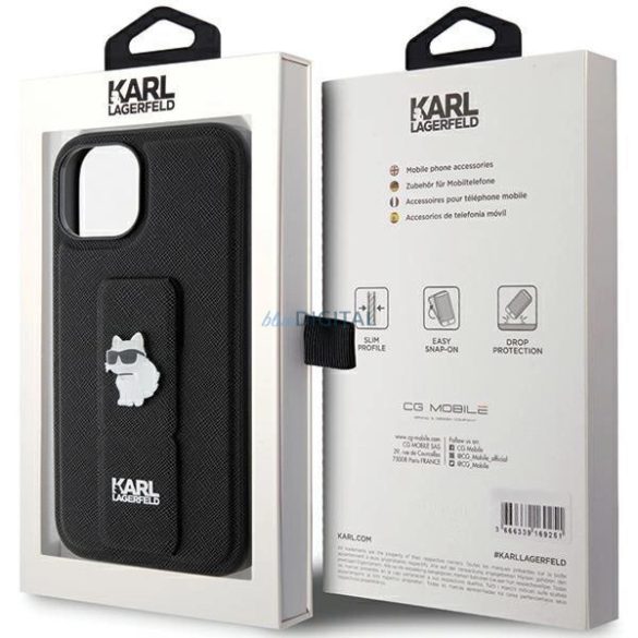 Karl Lagerfeld Gripstand Saffiano Choupette Pins tok iPhone 15 Plus / 14 Plus - fekete