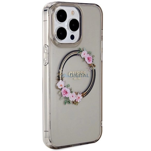 Guess IML Flowers Wreath MagSafe kompatibilis tok iPhone 15 Pro Max - fekete