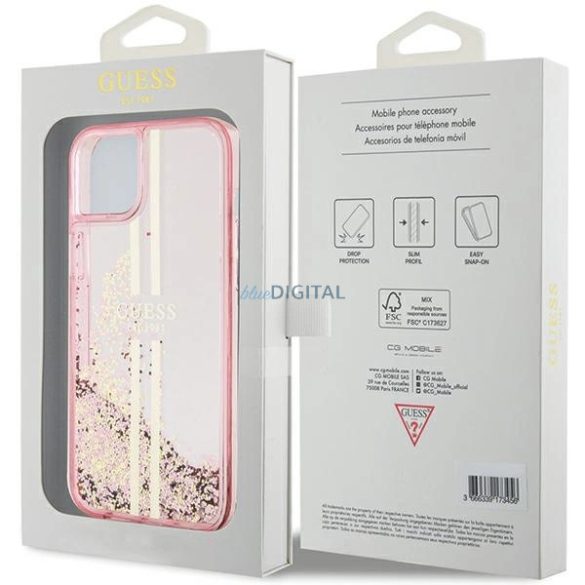 Guess Liquid Glitter arany csíkos tok iPhone 15 Plus / 14 Plus - rózsaszín