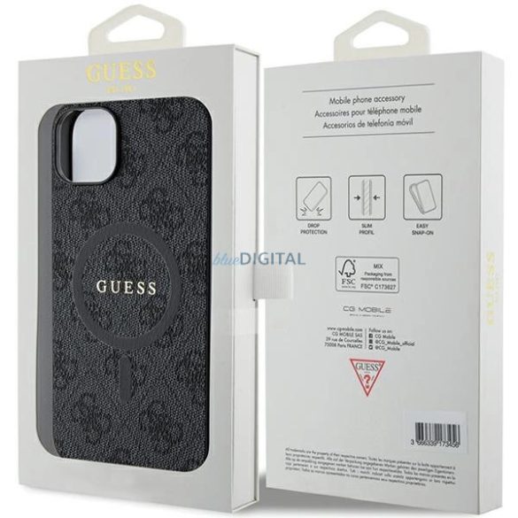 Guess 4G Collection bőr fém logós MagSafe tok iPhone 14/15/13 - fekete