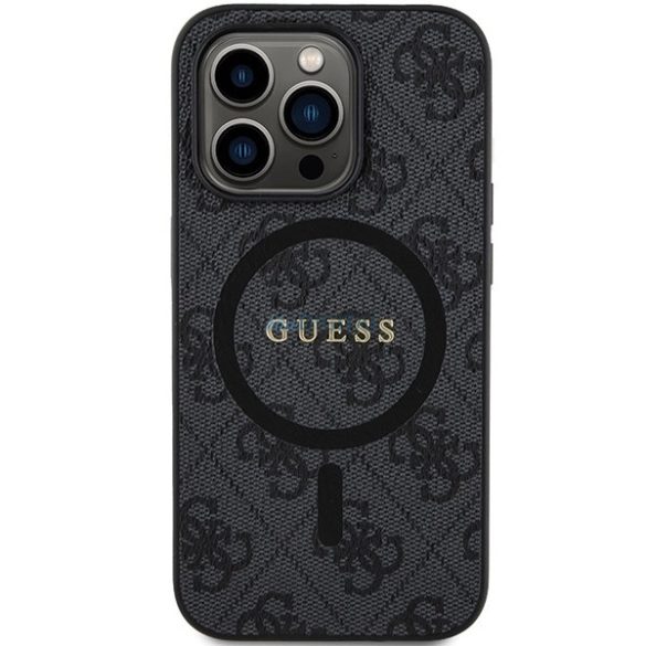 Guess 4G Collection bőr fém logós MagSafe tok iPhone 14 Pro - Fekete