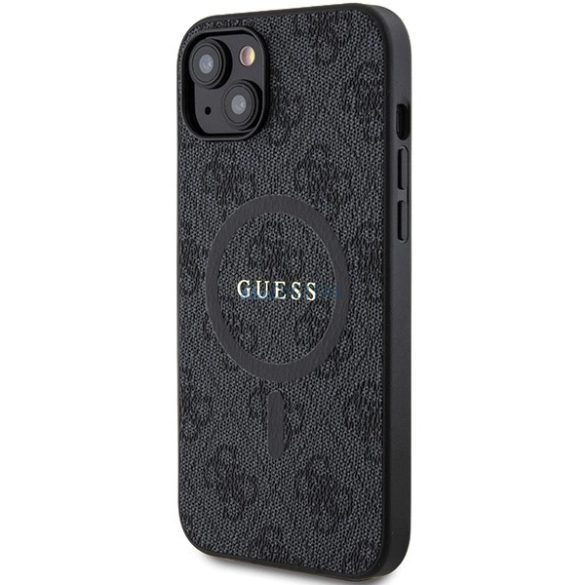 Guess 4G Collection bőr fém logós MagSafe tok iPhone 15 Plus / 14 Plus - Fekete