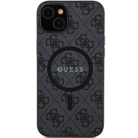 Guess 4G Collection bőr fém logós MagSafe tok iPhone 15 Plus / 14 Plus - Fekete