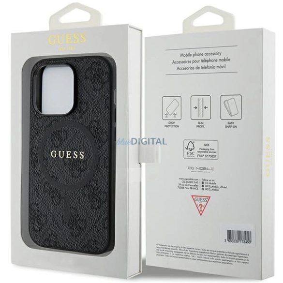 Guess 4G Collection bőr fém logós MagSafe tok iPhone 15 Pro - Fekete