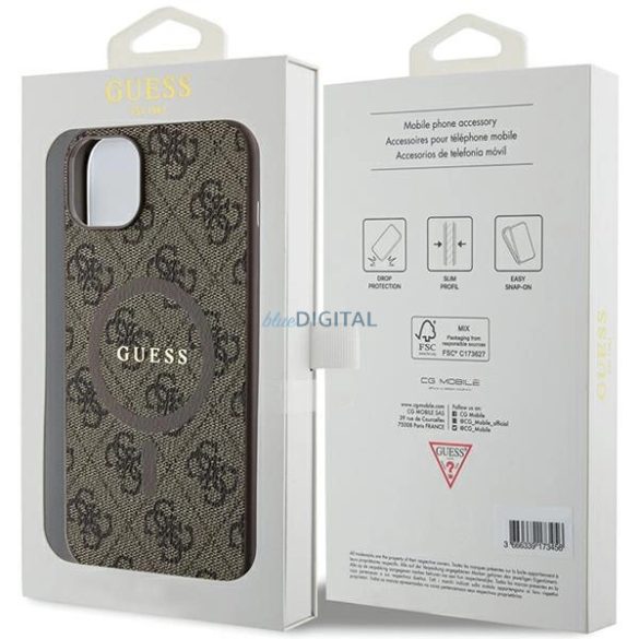 Guess 4G Collection bőr fém logós MagSafe tok iPhone 14/15/13 - Barna