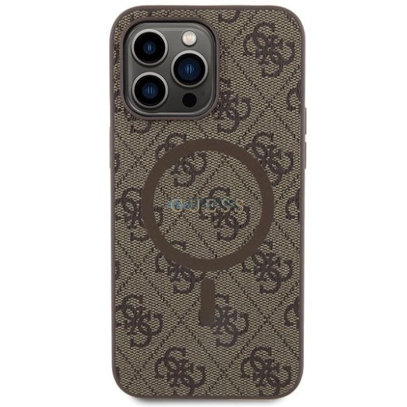 Guess 4G Collection bőr fém logós MagSafe tok iPhone 14 Pro - Barna