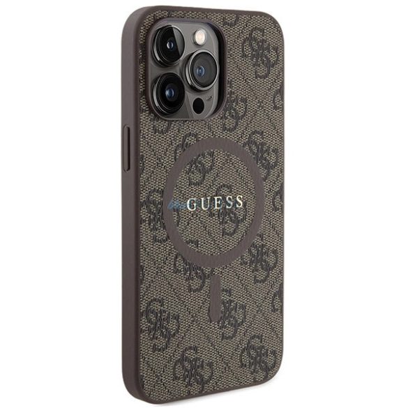 Guess 4G Collection bőr fém logós MagSafe tok iPhone 14 Pro - Barna