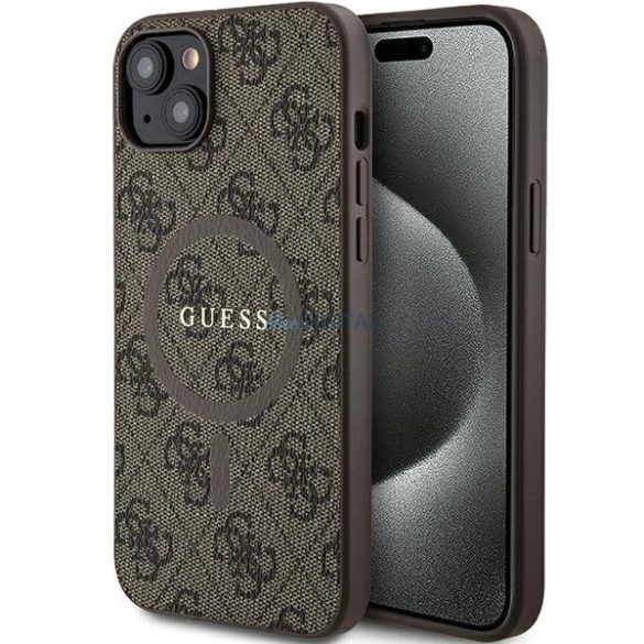 Guess 4G Collection bőr fém logós MagSafe tok iPhone 15 / 14 / 13 készülékhez - barna