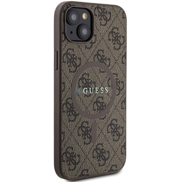 Guess 4G Collection Bőr fém logós MagSafe tok iPhone 15 Plus / 14 Plus - Barna