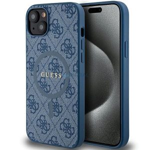 Guess 4G Collection bőr fém logós MagSafe tok iPhone 15 / 14 / 13 készülékhez - kék