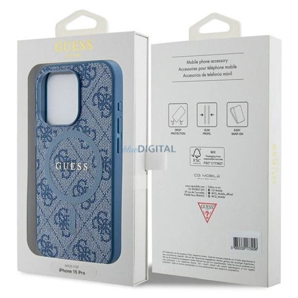 Guess 4G Collection bőr fém logós MagSafe tok iPhone 15 Pro Max készülékhez - kék