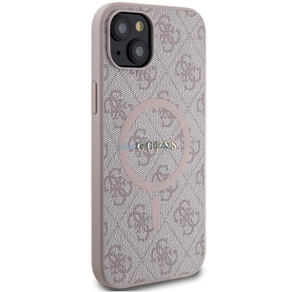 Guess 4G Collection bőr fém logós MagSafe tok iPhone 15 Plus / 14 Plus - Rózsaszín