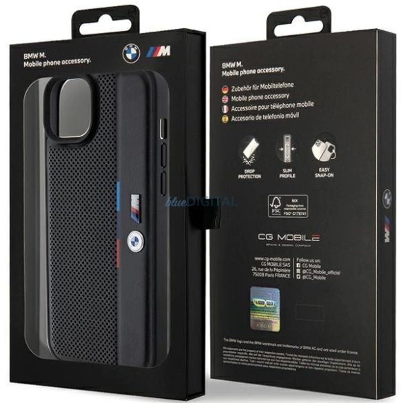 BMW Perforated Tricolor Line tok iPhone 15 Plus / 14 Plus - fekete