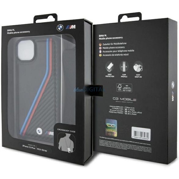 BMW M Edition Carbon Tricolor Lines & Strap tok iPhone 15 Plus / 14 Plus - fekete