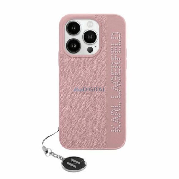 Karl Lagerfeld Saffiano Rhinestones & Charm tok iPhone 15 Pro - rózsaszín