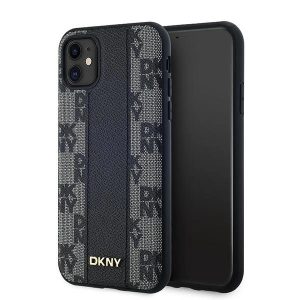 DKNY Leather Checkered Mono Pattern MagSafe-kompatibilis tok iPhone 11 / Xr - fekete