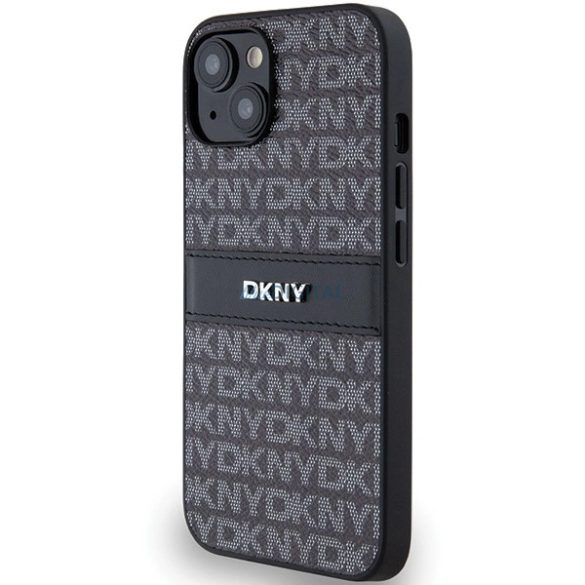 DKNY Leather Mono Stripe & Metal Logo tok iPhone 14 / 15 / 13 - fekete