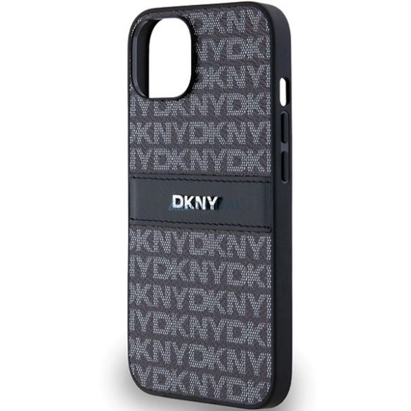 DKNY Leather Mono Stripe & Metal Logo tok iPhone 14 / 15 / 13 - fekete