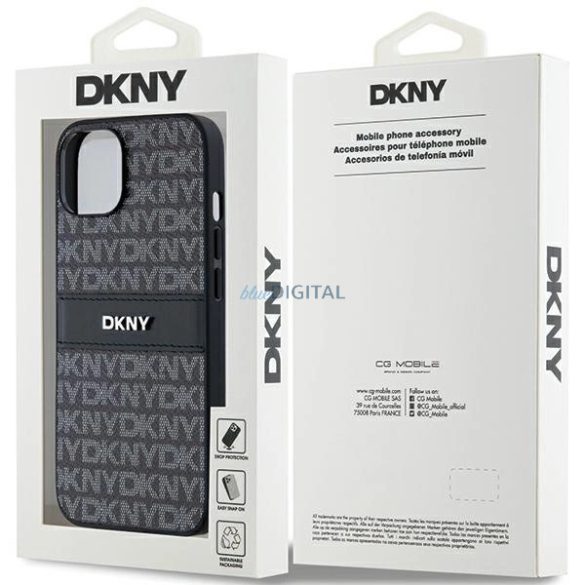 DKNY Leather Mono Stripe & Metal Logo tok iPhone 14 / 15 / 13 - fekete