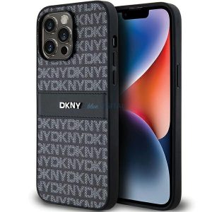 DKNY Leather Mono Stripe & Metal Logo tok iPhone 14 Pro - fekete