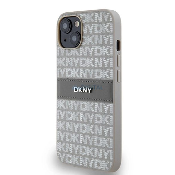 DKNY Leather Mono Stripe & Metal Logo tok iPhone 14 / 15 / 13 - bézs