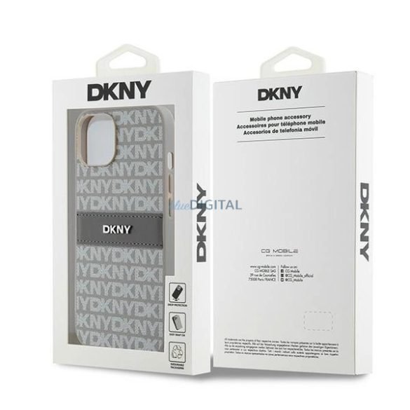 DKNY Leather Mono Stripe & Metal Logo tok iPhone 14 / 15 / 13 - bézs