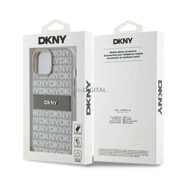 DKNY Leather Mono Stripe & Metal Logo tok iPhone 15 / 14 / 13 - bézs