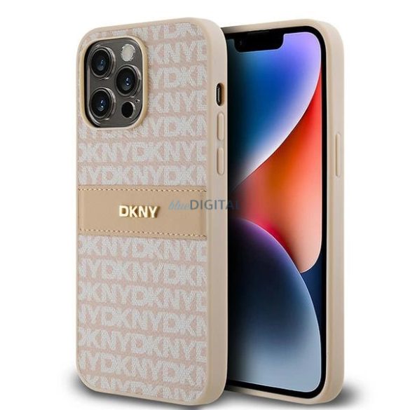 DKNY Leather Mono Stripe & Metal Logo tok iPhone 14 Pro - rózsaszín