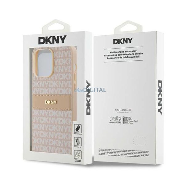 DKNY Leather Mono Stripe & Metal Logo tok iPhone 14 Pro - rózsaszín