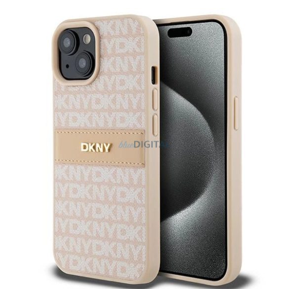 DKNY Leather Mono Stripe & Metal Logo tok iPhone 15 / 14 / 13 - rózsaszín